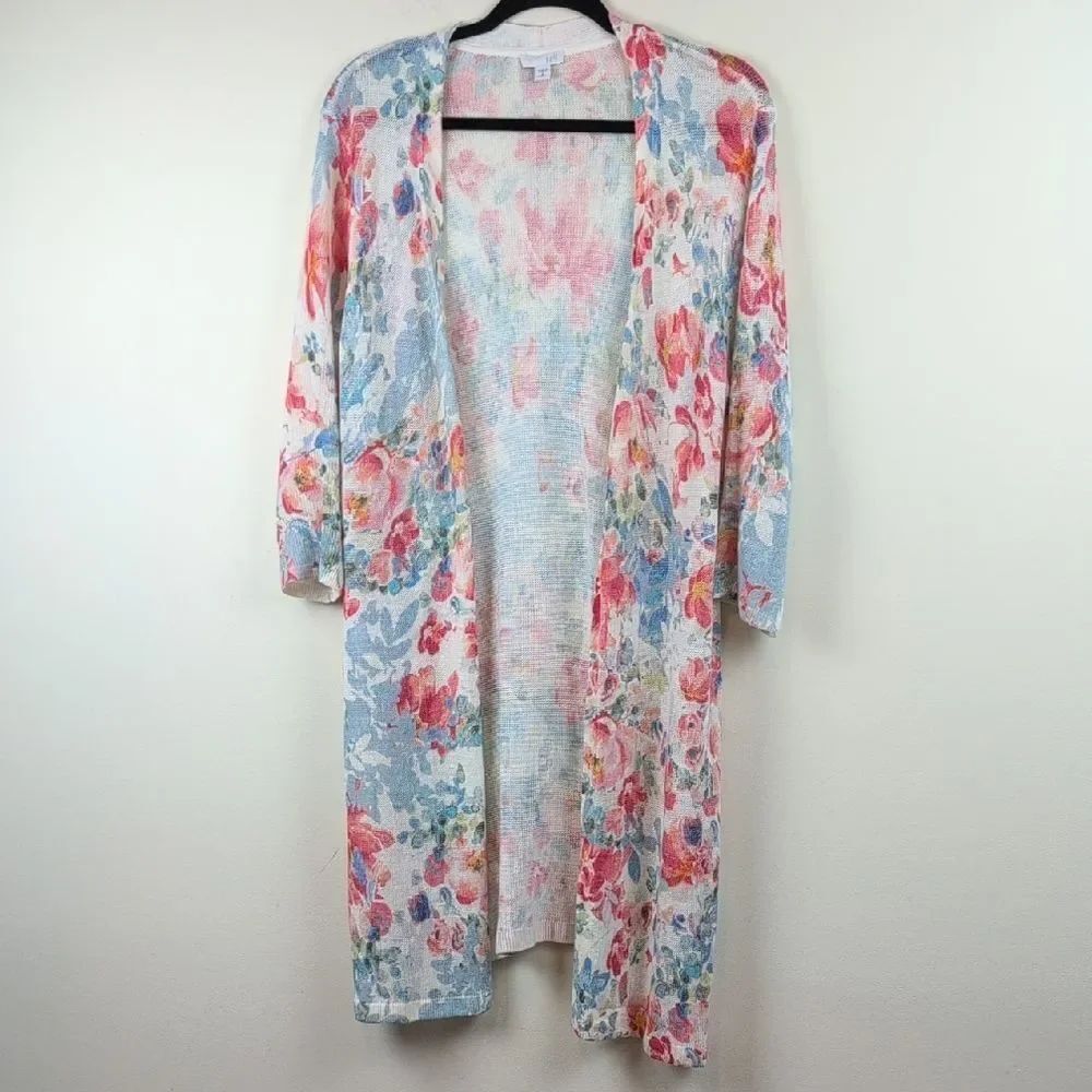 J. Jill Longline Watercolor Floral Open Cardigan Lightweight Linen Blend Sweater